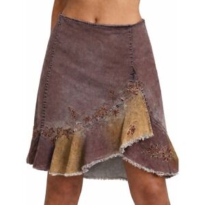 Fairy Y2k Beaded Denim Embroidered sz M Ruffle Hem Midi Grunge Skirt Faded Rust